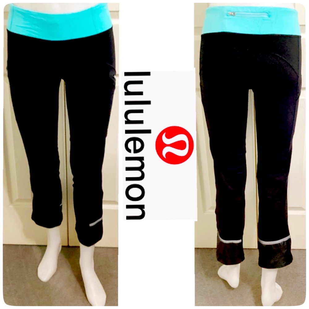 Lululemon, Black & Turquoise Blue, Ankle Cropped Leggings. Size 8